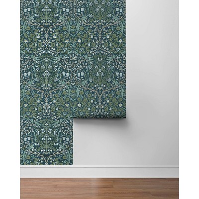Prussian Blue and Moss Green Damask Peel and Stick Wallpaper