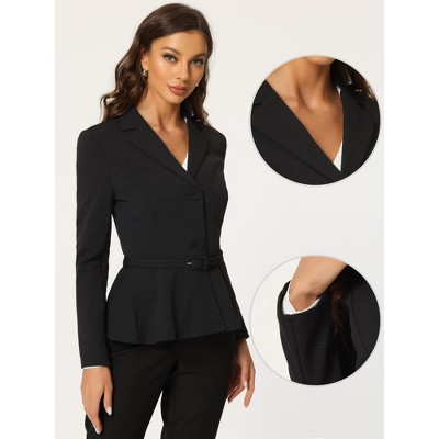 Allegra K Women's Vintage Ruffle Hem Belted Notched Lapel Office Work Blazers X-Small Black — фото 2