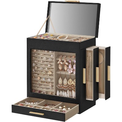 5-Layer Jewelry Box with Glass Window, 3 Drawers and Big Mirror