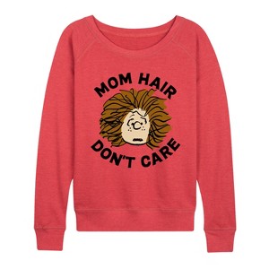 Women's - Peanuts - Mom Hair Dont Care Lightweight French Terry Wide Neck Long Sleeve Graphic Shirt - 1 of 4