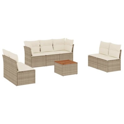 vidaXL 8 Piece Patio Sofa Set with Cushions Beige Poly Rattan - 5x Middle + Table + 2x Corner