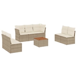 vidaXL 8 Piece Patio Sofa Set with Cushions Beige Poly Rattan - 5x Middle + Table + 2x Corner - 1 of 4