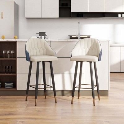 POVISON 30'' Modern Leather Bar Height Stools Set of 2, Upholstered Bar Chairs for Kitchen Island, Navy Blue
