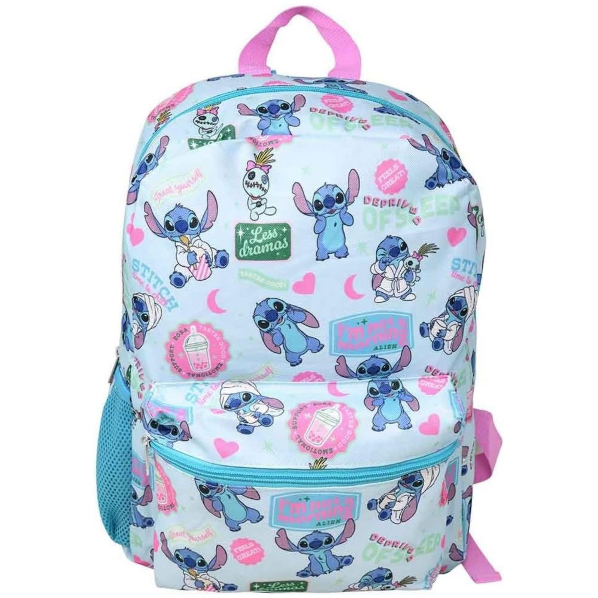 Bioworld Disney Stitch 16" All over print Kids Backpack, with Front Pocket & Side Mesh