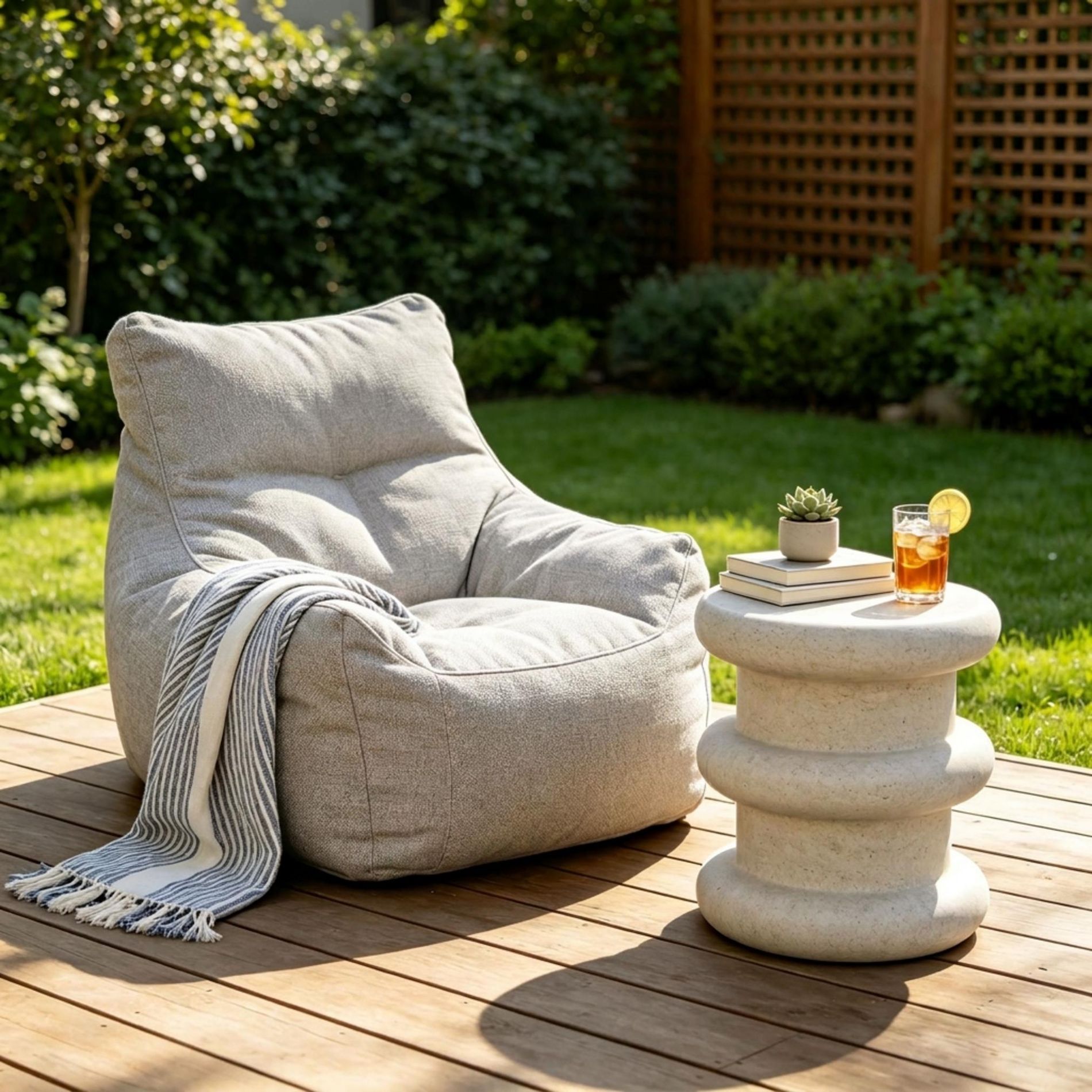 GDFStudio Oles Modern Lightweight Concrete Patio Round Side Table, Light Brown