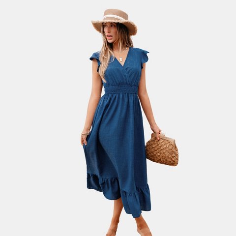 Женские платья Cupshe Women‘s Breezy Blue Smoked Waist Ruffle Sleeve Maxi Dress-L-Blue