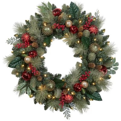30-inch Pre-Lit Decorated Christmas Wreath with 50 LED Lights Battery Operated (Red)