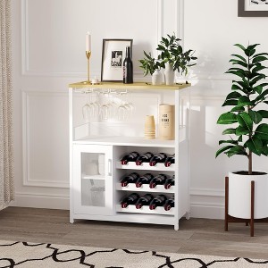 3-Tier Wine & Coffee Bar Cabinet with Storage Door, Liquor Cabinet with Wine Rack & Glass Holder for Kitchen, Dining Room, Living Room, White - 1 of 4