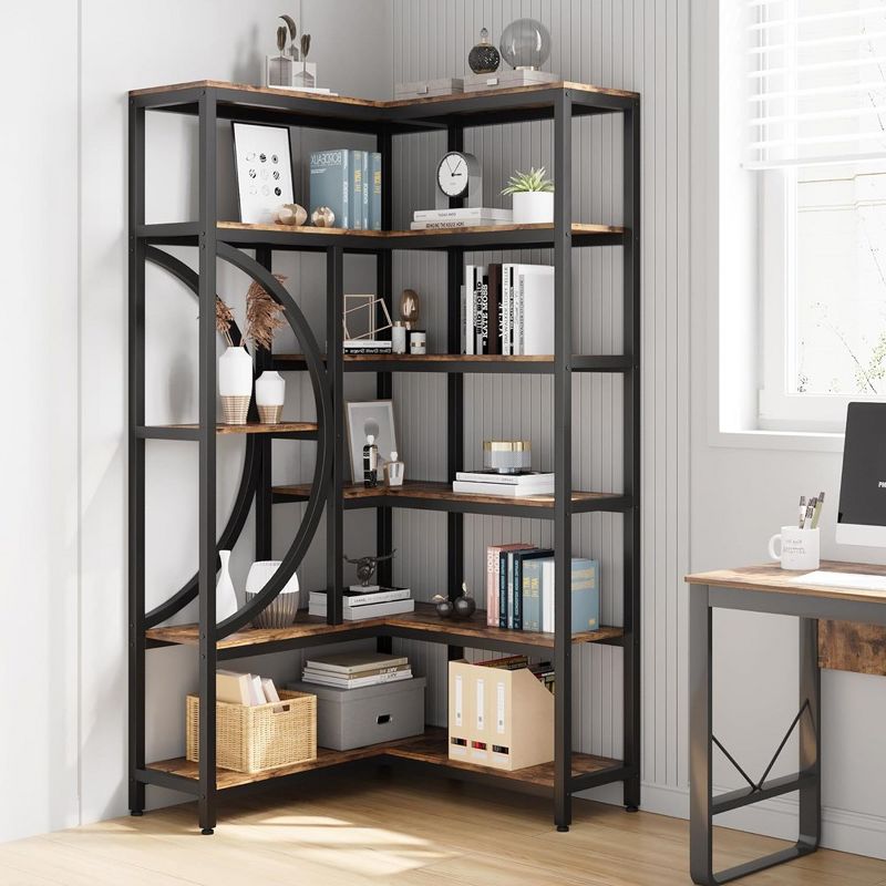 Wooden Modern Bookshelf, Industrial Corner Bookcase, 6 Tiers L Shaped Bookshelf, Storage Rack, for Living Room Bedroom Office, Brown, 2 of 9