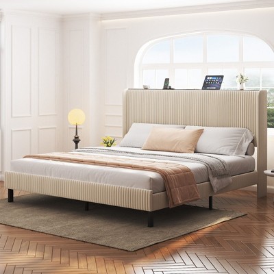 NicBex Bed Frame,Upholstered Platform Bed with Charging Station,Metal Bed Frame with Headboard,No Box Spring Needed,Noise Free,Beige