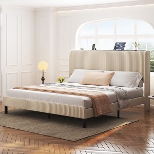 NicBex Bed Frame,Upholstered Platform Bed with Charging Station,Metal Bed Frame with Headboard,No Box Spring Needed,Noise Free,Beige - 1 of 4