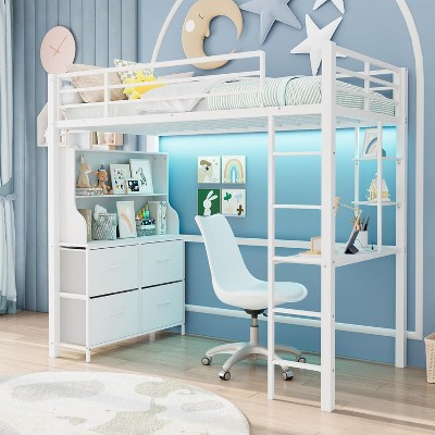 Twin Loft Bed w/Desk,Heavy Duty Metal Frame, 4 Fabric Drawers & 2 Shelves,Lights,Charging Station, Safety Guard/Ladder, No Box Spring