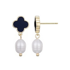 Adornia 14k Gold Plated Black Clover and Freshwater Pearl Drop Earrings - 1 of 4