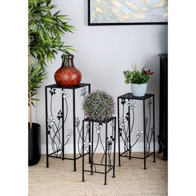 Set of 3 Black Iron Floral Plant Stands