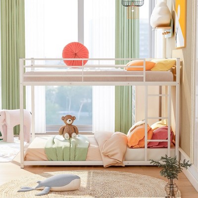 Twin Over Twin Metal Bunk Bed, With Ladder Full Length Guardrail Slatted Support No Box Spring Needed Low Profile Bunk Bed Frame For Kids Teens
