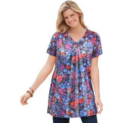 Woman Within Plus Size Perfect Printed Short-Sleeve Shirred V-Neck Tunic