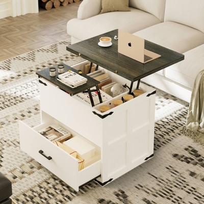 WOWLIVE Farmhourse Wood Square Coffee Table, Lift Top Coffee Table with 4-in-1 Storage, CT008