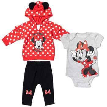 Disney Minnie Mouse Baby Girls Fleece Pullover Hoodie Bodysuit and Pants 3 Piece Outfit Set Newborn to Infant
