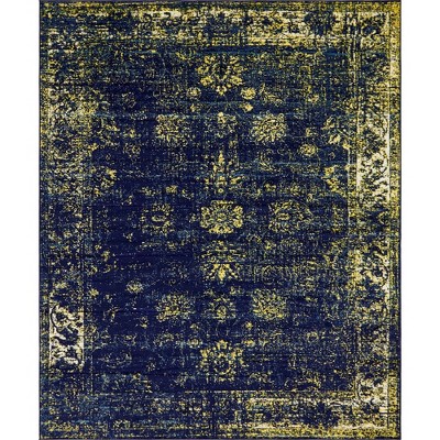 Navy Blue and Yellow Floral Motif Area Rug