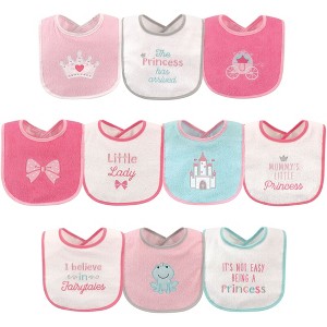 Luvable Friends Baby Girl Cotton Terry Drooler Bibs with PEVA Back 10pk, Princess, One Size - 1 of 1