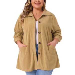 Women's Plus Size Corduroy Lapel Button Down Long Sleeve Pleated Back Casual Shacket Jacket with Pocket - Agnes Orinda - 1 of 4