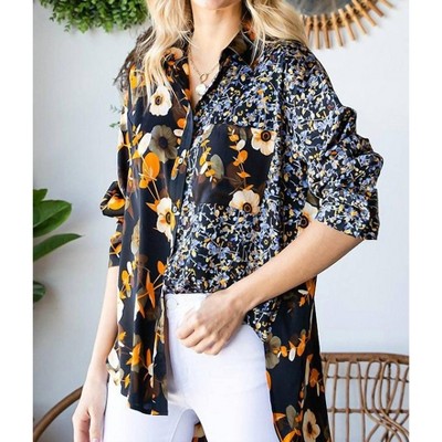 Women's Floral Button Down Satin Shirt - First Love