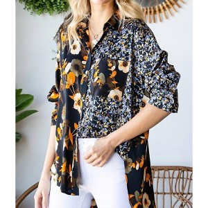 Women's Floral Button Down Satin Shirt - First Love - 1 of 2