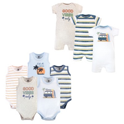 Hudson Baby Infant Boy Cotton Bodysuits and Rompers, 8-Piece, Gone Surfing