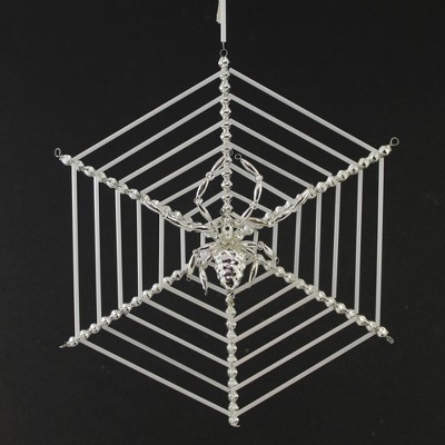 Santa Land 8.0" Beaded Silver Christmas Spider Ornament Web Czech Luck  -  Tree Ornaments