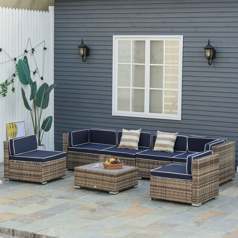 Outsunny 7-Piece Patio Furniture Sets Outdoor Wicker Conversation Sets All Weather PE Rattan Sectional sofa set with Cushions & Slat Plastic Wood Table, 4 of 10