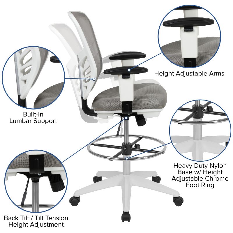 Flash Furniture Mid-Back Mesh Ergonomic Drafting Chair with Adjustable Chrome Foot Ring, Adjustable Arms, 6 of 14