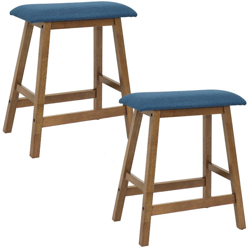 Sunnydaze Set of 2 Indoor Wooden Backless Counter-Height Stools - Weathered Oak Finish with Blue Cushions, 1 of 13