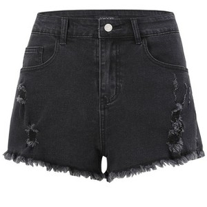 Womens Denim Shorts High Waisted Short Jeans Casual Summer Ripped Stretchy Jeans Shorts Frayed Raw Hem Denim Shorts - Black L - 1 of 4