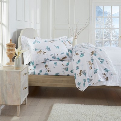 Queen Blue Moose Print Cotton Flannel Sheet Set