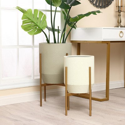 Set of 2 Gray and Off White Metal Planters with Gold Stand