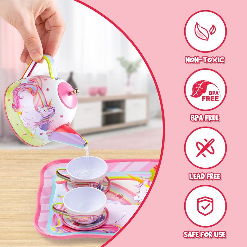 Joyin Unicorn Tin Teapot for Girls, Princess Tea Party Set Kitchen Toy with Teapot, Cups, Plates and Carrying Case for Birthday Gifts, 3 of 8