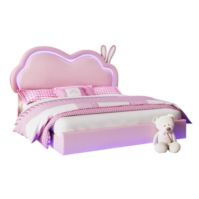 LED Bed Frame for Girl Floating Upholstered Bed with Cute Cloud Headboard