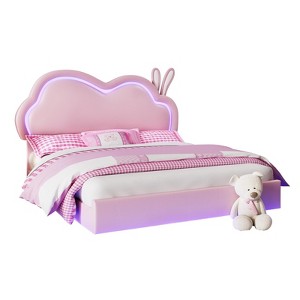 LED Bed Frame for Girl Floating Upholstered Bed with Cute Cloud Headboard - 1 of 4