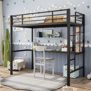 Loft Bed Twin Size with Large Desk and 2-Tier Storage Shelves, Heavy Duty Metal Loft Bed with Ladder and Guardrail for Kids and Adults - 1 of 4