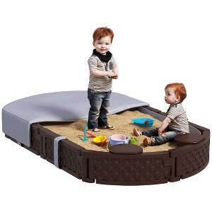 Qaba Sandbox for Kids, Outdoor Sand Pit with Cover, Built-in Seating, Bottom Liner for Backyard, Garden, Dark Brown - 1 of 4