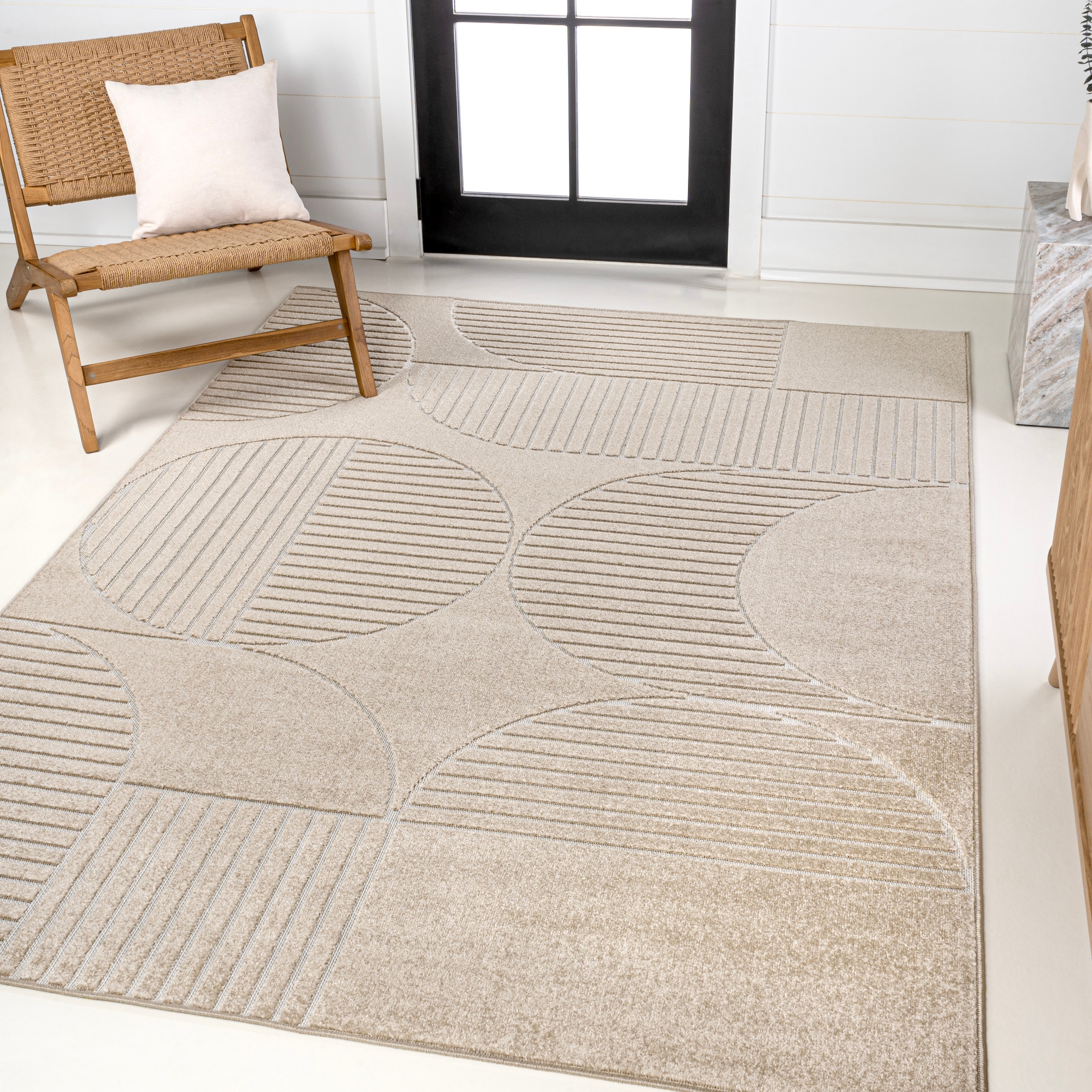 JONATHAN Y Nordby High-Low Geometric Arch Scandi Striped Beige/Cream 8 ft. x 10 ft. Indoor/Outdoor Area Rug, Non-Shedding, Easy-Clean