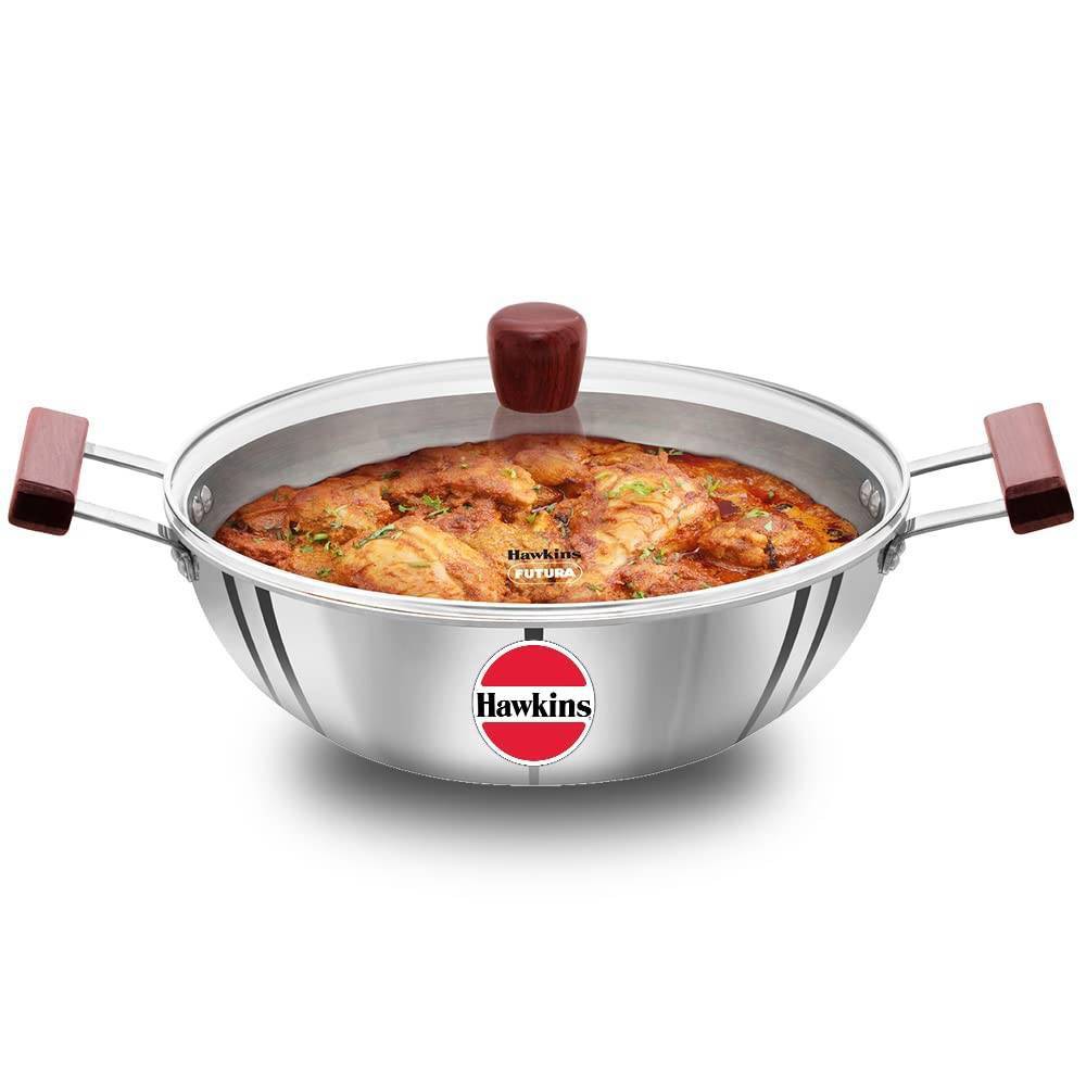Hawkins 5L Tri Ply Stainless Steel Induction Compatible Deep Fry Pan Kadhai with Glass Lid: Hand Wash, Gas & Induction Safe