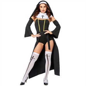 Clotth Womens Halloween Nun Costume - Nun Dress Includes with Nun socks, jumpsuit, headscarf, scarf, sleeves, waist skirt for Cosplay Festival - 1 of 4