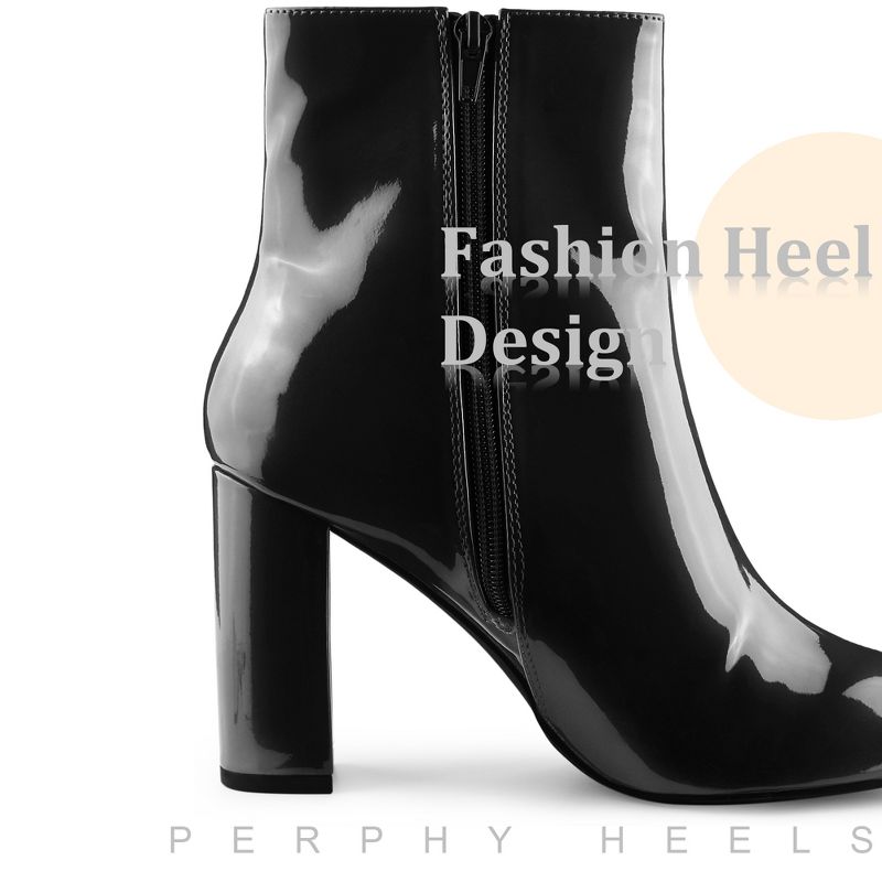 Perphy Women's Patent Leather Pointed Toe Side Zip Chunky Heel Ankle Boots, 4 of 6