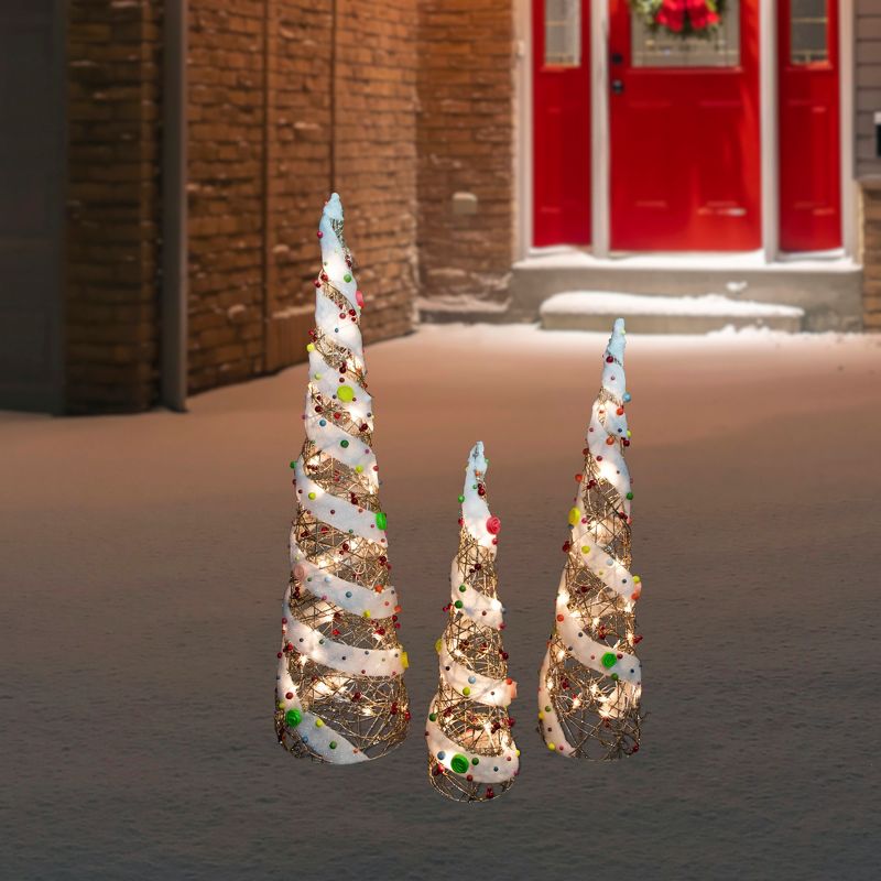 Northlight Set of 3 Lighted Champagne Gold Candy Covered Cone Tree Outdoor Christmas Decorations 40", 2 of 8