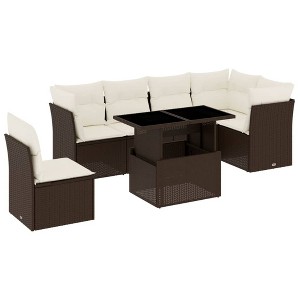 vidaXL 7 Piece Patio Sofa Set with Cushions Brown and Cream Poly Rattan - 1 of 4
