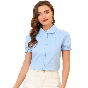 INSPIRE CHIC Women's Short Sleeve Button Down Peter Pan Collar Blouse - 1 of 4