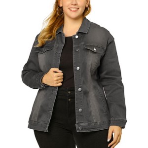 Agnes Orinda Women's Plus Size Button Front Chest Pockets Washed Casual Jean Jackets - 1 of 4