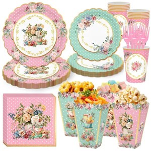 72 Pcs Tea Party Supplies Floral Party Dinnerware Serves 10 Disposable Supplies 10 Paper Tea Cups 20 Saucers Plates 20 Napkins and 12 Popcorn Boxes - 1 of 4