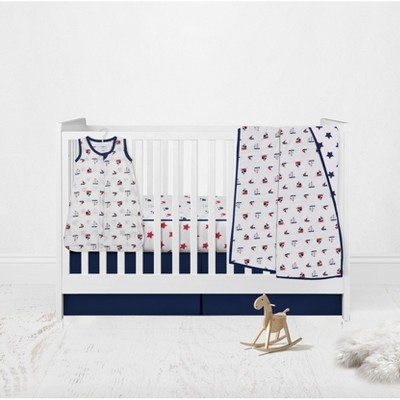 Bacati - Boys Nautical Muslin Whales Boat Red Blue Navy 4 pc Crib Bedding Set with Sleeping Bag